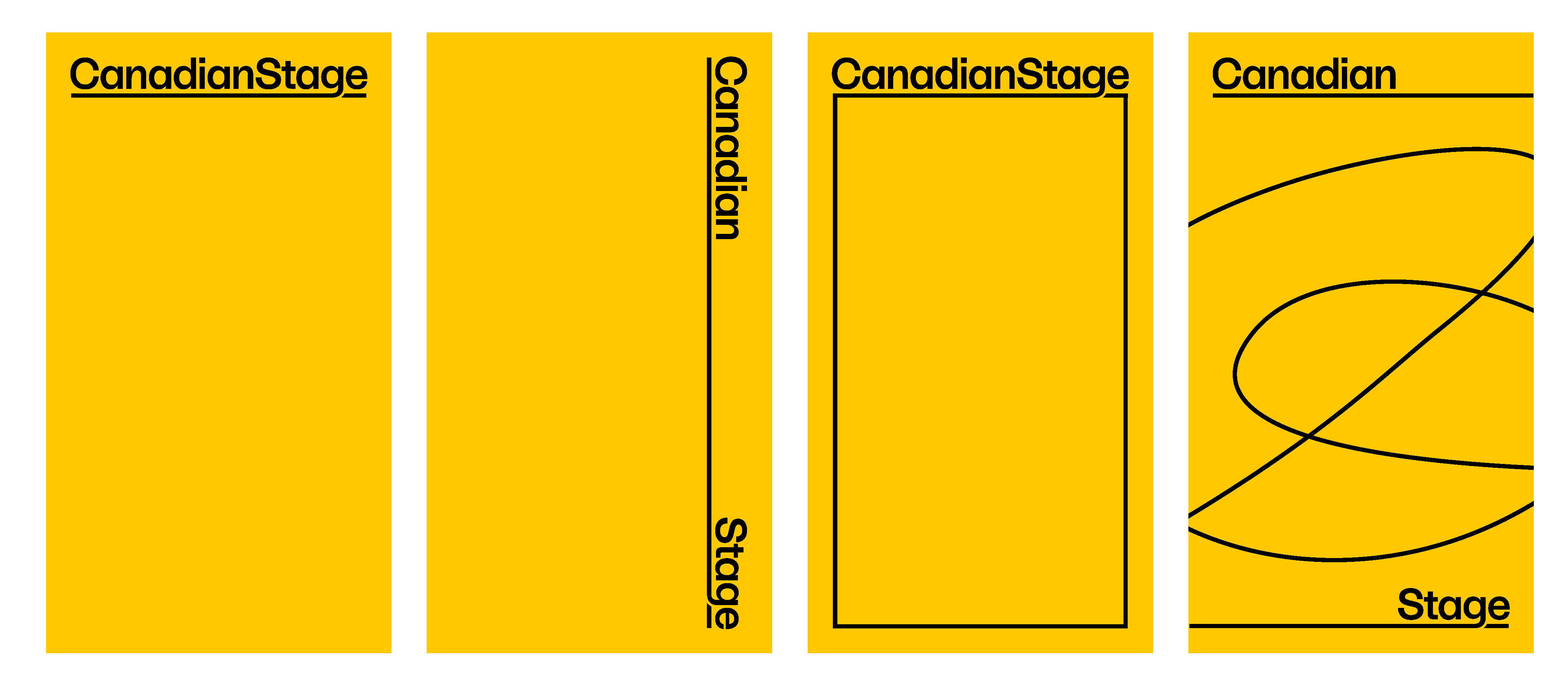 four yellow rectangles displaying the Canadian Stage logo in various positions